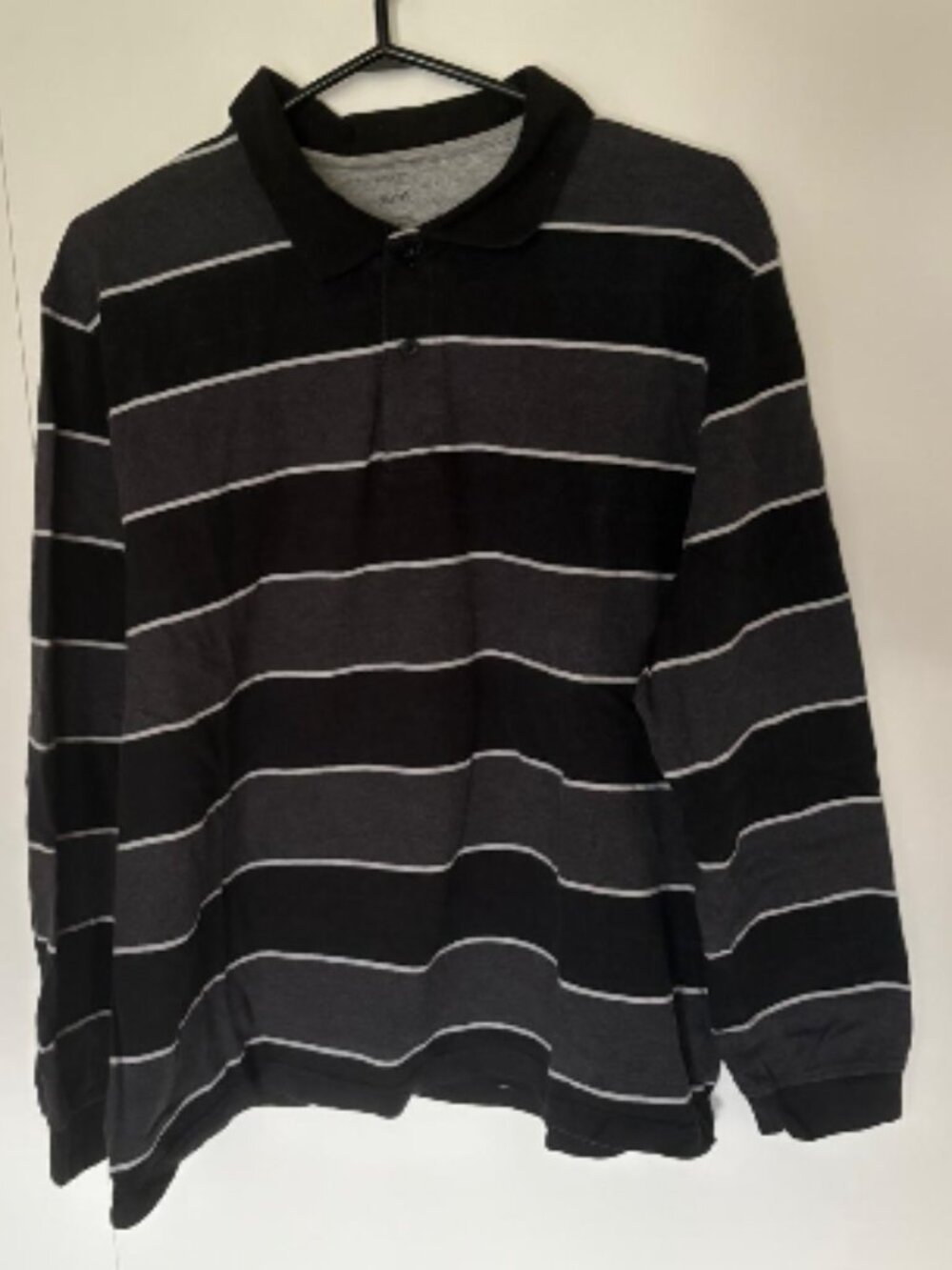 Men’s Black, Grey and White Striped Long-Sleeved Polo